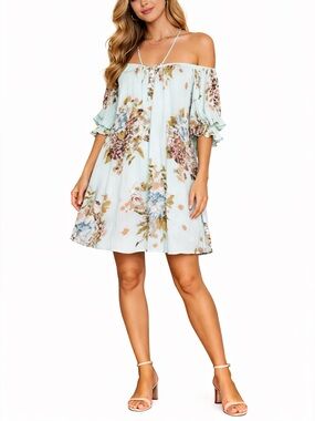 White Birch Floral Mini Dress XL Blue Boho Cottagecore Flowy Peasant